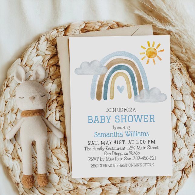 Invitación Suntuosa acuarela azul arco iris Baby Shower (Subido por el creador)