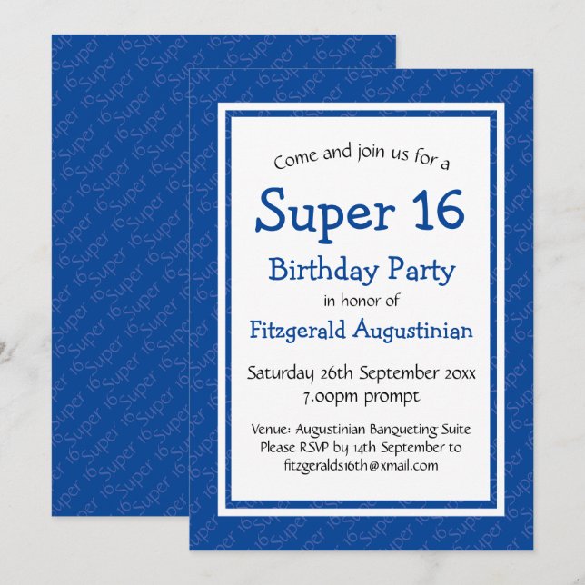 Invitación SUPER 16 AÑO AZUL Personalizado (Anverso / Reverso)