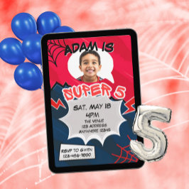 Invitación Super 5 Rojo Negro Cómic Web 5to Cumpleaños