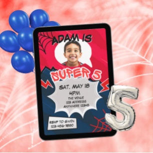 Invitación Super 5 Rojo Negro Cómic Web 5to Cumpleaños