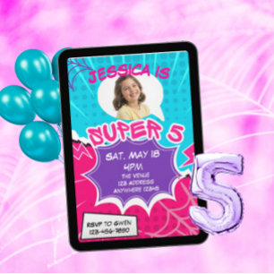 Invitación Super 5 Rosa Púrpura Web Cómic 5to Cumpleaños 
