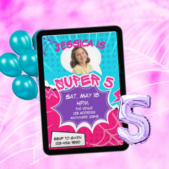Invitación Super 5 Rosa Púrpura Web Cómic 5to Cumpleaños  (Subido por el creador)