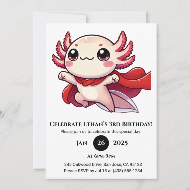 Invitación Super Axolotl Hero Birthday (Anverso)