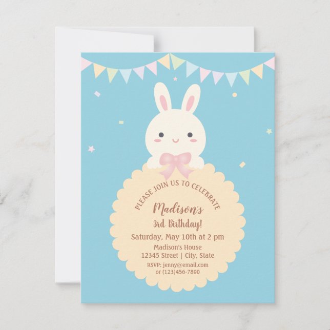 Invitación Super Cute Kawaii Rabbit Baby Blue Kids Cumpleaños (Anverso)