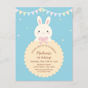 Invitación Super Cute Kawaii Rabbit Baby Blue Kids Cumpleaños