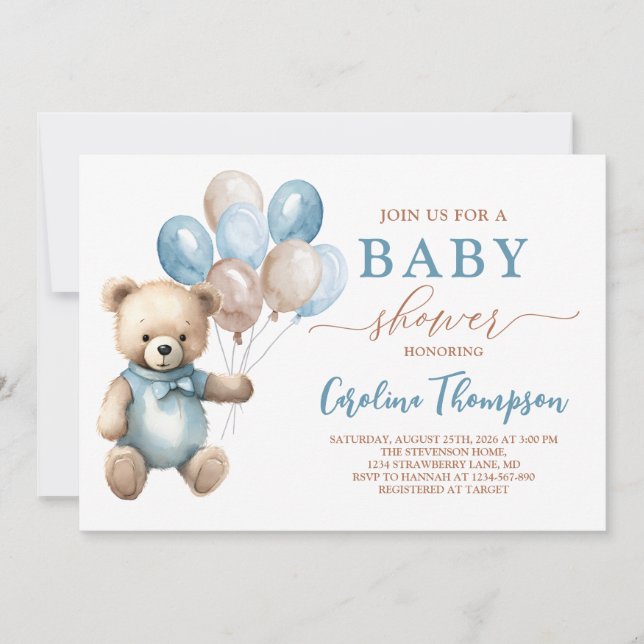 Invitación Super Cute Teddy Bear Boy Blue Pastel Baby Shower (Anverso)