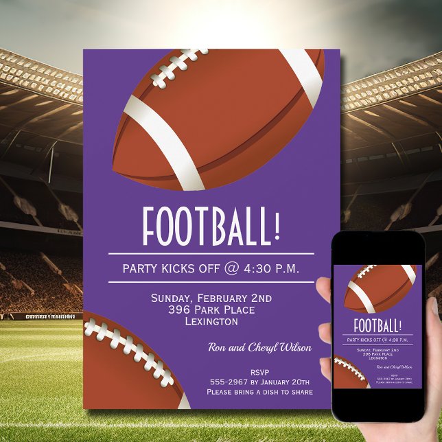 Invitación Super Fan Football Game Purple Fiesta (Order INSTANT DOWNLOAD to send digitally or PRINTED cards to mail or both!
)