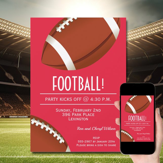 Invitación Super Fan Football Game Red Fiesta (Order INSTANT DOWNLOAD to send digitally or PRINTED cards to mail or both!)