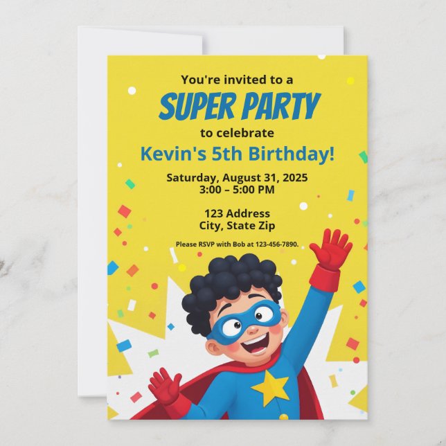 Invitación Super Hero al estilo de historietas per (Anverso)