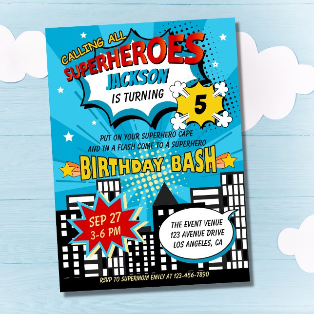Invitación Super Hero Comic Book Style Boy Cumpleaños Azul (Subido por el creador)