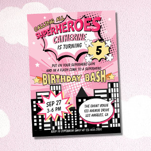 Invitación Super Hero Comic Book Style Chica Cumpleaños Pink