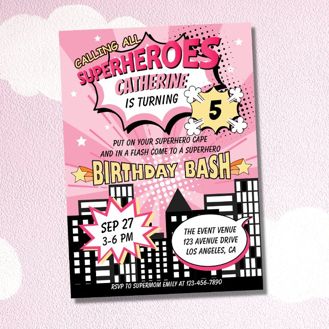 Invitación Super Hero Comic Book Style Chica Cumpleaños Pink (Subido por el creador)