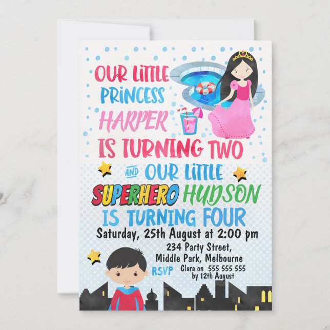 Invitación Super héroe y princesa comunes Birthday Invitation (Anverso)