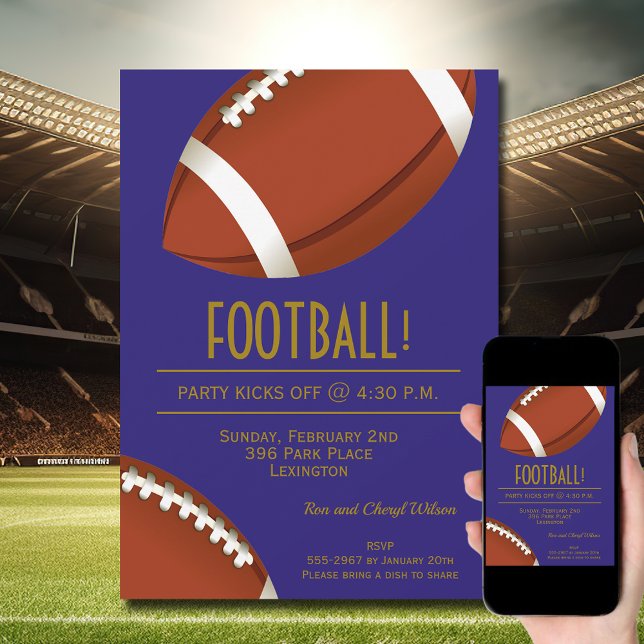 Invitación Super juego de fútbol morado y oro (Order INSTANT DOWNLOAD to send digitally or PRINTED cards to mail or both!)