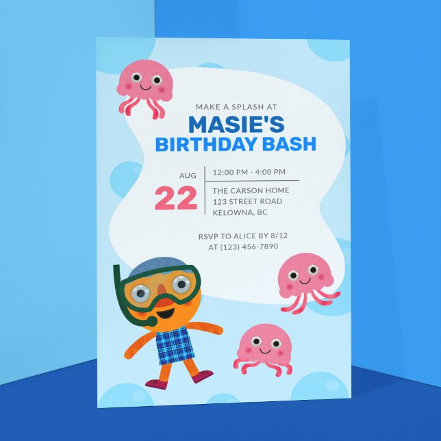Invitación Super Simple | Fiesta de natación de Noodle & Pals (Invitation on blue background)