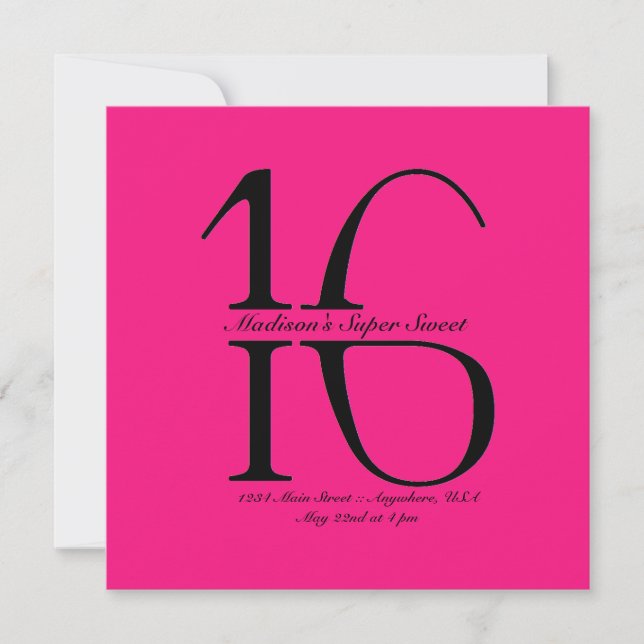 Invitación Super Sweet 16 de tachado (Anverso)