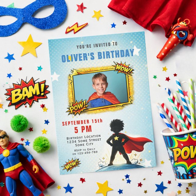Invitación Superhero Cartoon Boy Photo Birthday Party  (Subido por el creador)