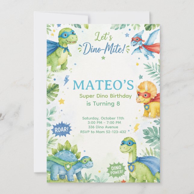Invitación Superhero Dinosaur Watercolor Birthday Party Paste (Anverso)