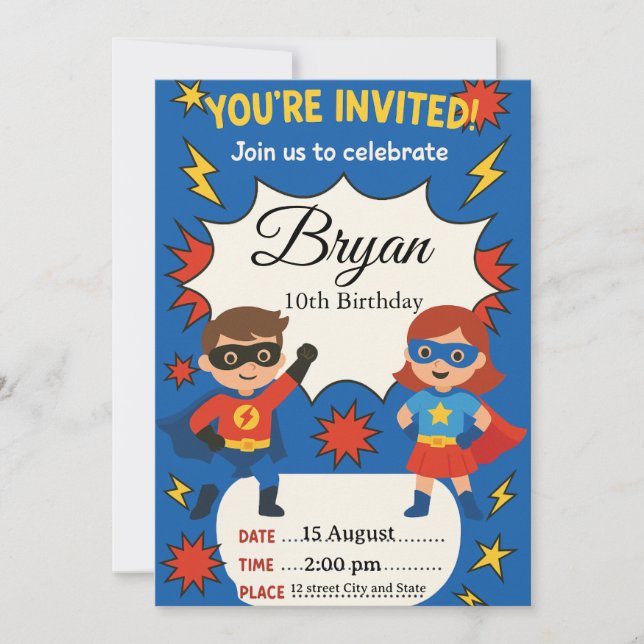 Invitación Superhero Kids Birthday Invitation | Comic Style B (Anverso)