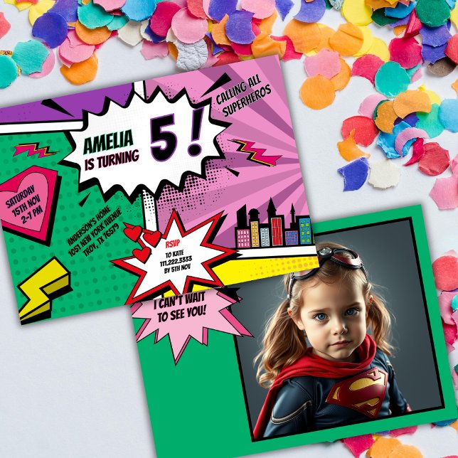 Invitación Superhero Party Comic Book Birthday Photo Girl (Subido por el creador)