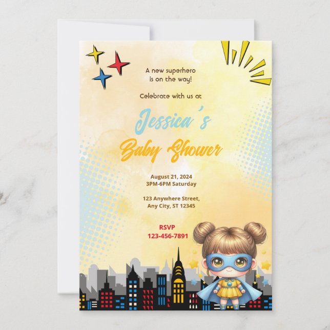 Invitación Superhéroe chica Baby Shower (Anverso)
