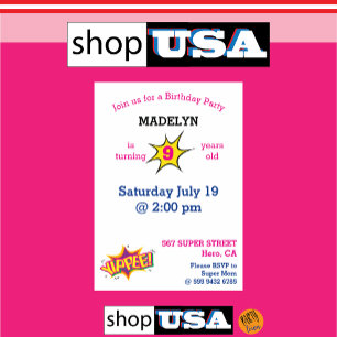 Invitación Superhéroe chica volando 💥 foto de cumpleaños