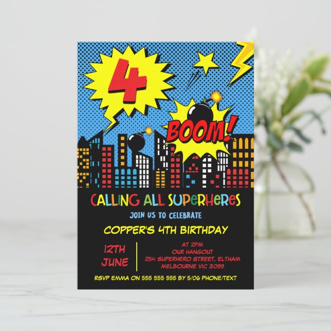 Invitación Superhéroe de historieta de boom masculino en cuar (Anverso de pie)