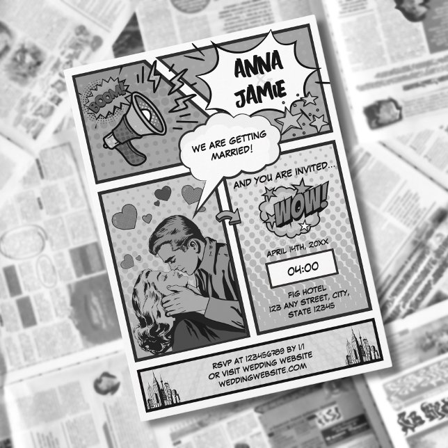 Invitación Superhéroe de historietas retro Boda blanco y negr (retro vintage black and white comic book wedding invitation)
