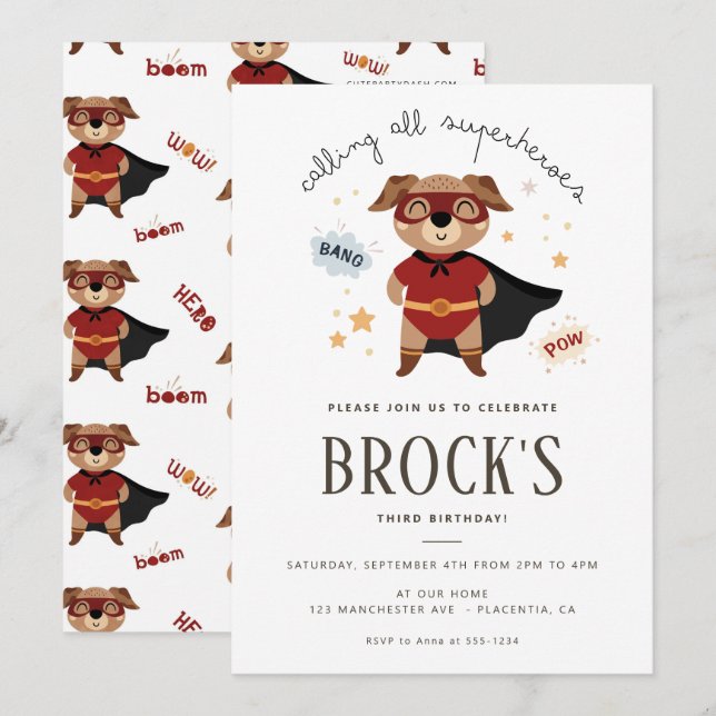 Invitación Superhéroe Dog Birthday Puppy Pawty (Anverso / Reverso)