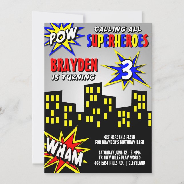 Invitación Superhéroe en el cumpleaños de los chicos de la ci (Anverso)