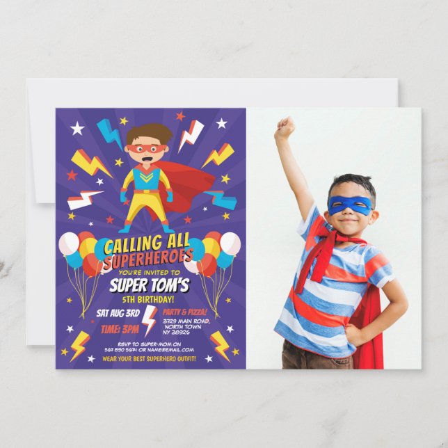 Invitación Superhéroe Fiesta foto chicos estrellas azules Sup (Anverso)