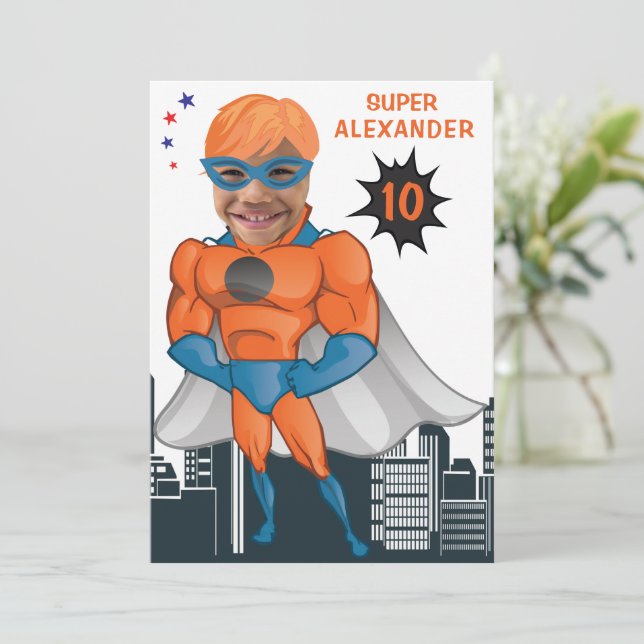 Invitación Superhéroe músculo hombre Naranja gran diversión c (Anverso de pie)