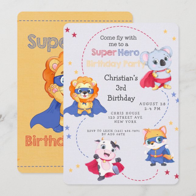 Invitación Superhéroe Personalizado Animales Boy fiesta de cu (Anverso / Reverso)