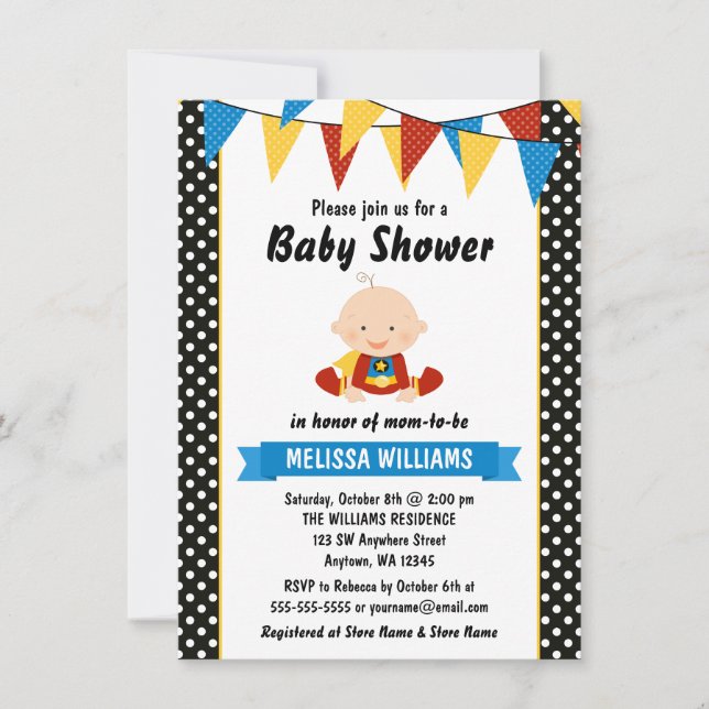 Invitación Superhéroe Polka Dot Bunting Baby Shower (Anverso)