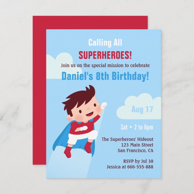 Invitación Superhéroe volador niño Fiesta cumpleaños (Anverso / Reverso)