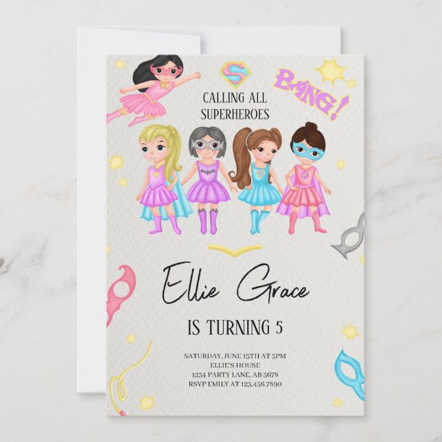 Invitación Superhéroes chicas (Anverso)