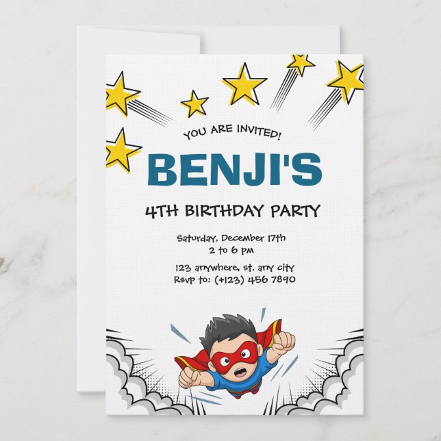 Invitación Superheroes kid's birthday party (Anverso)