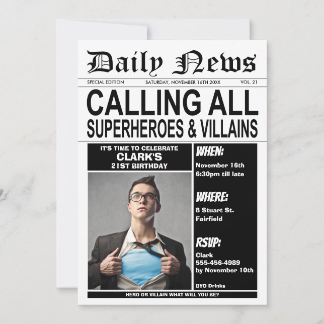 Invitación Superhéroes o superhéroe del partido de cumpleaños (Anverso)