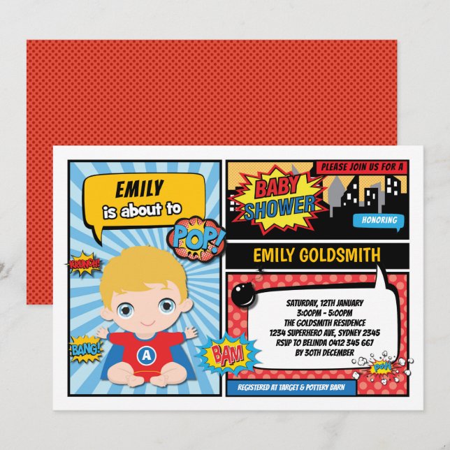 Invitación Superheroína Baby Boy Shower / Comic Book Blonga C (Anverso / Reverso)