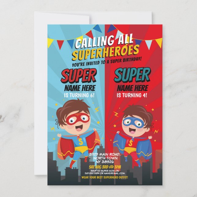 Invitación Superheroína Birthers Blue Red Joint Boy (Anverso)