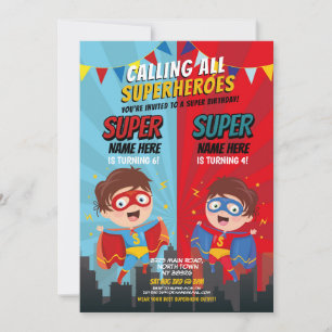 Invitación Superheroína Birthers Blue Red Joint Boy