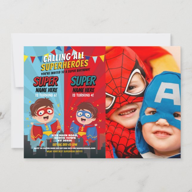 Invitación Superheroína Birthers Blue Red Photo Boy (Anverso)
