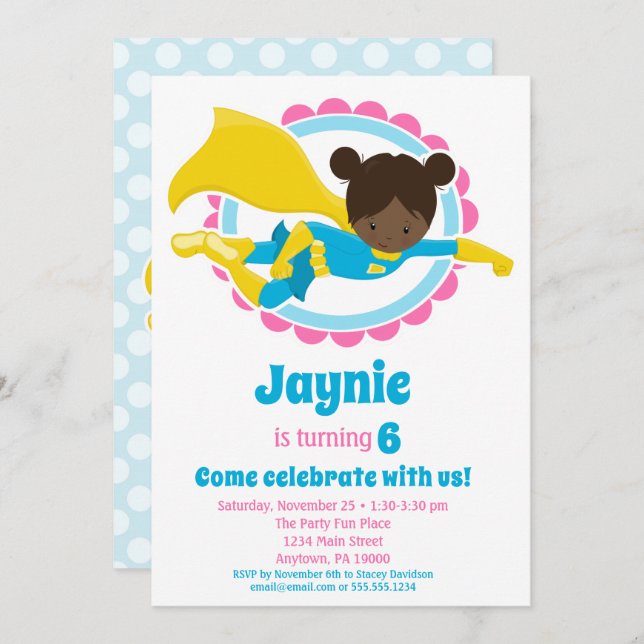 Invitación Superheroína Chica - Partido de Cumpleaños African (Anverso / Reverso)