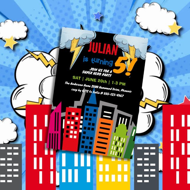 Invitación Superheroína Ciudad Oscura Edificio Explosión Cump (Subido por el creador)