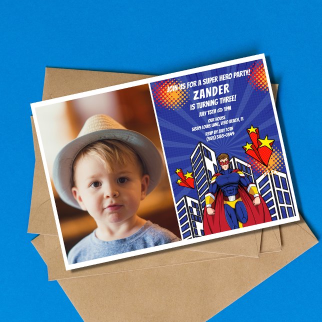 Invitación Superheroína Fiesta de foto de niños de tercer cum (Superhero Theme Photo Boys 3rd Birthday Party Invitation)