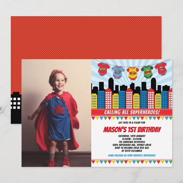 Invitación Superheroína niño primer cumpleaños Fiesta foto (Anverso / Reverso)