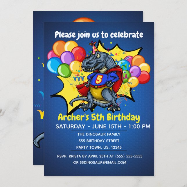 Invitación Superheroína T-Rex 5 cumpleaños (Anverso / Reverso)