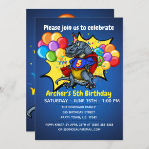 Invitación Superheroína T-Rex 5 cumpleaños