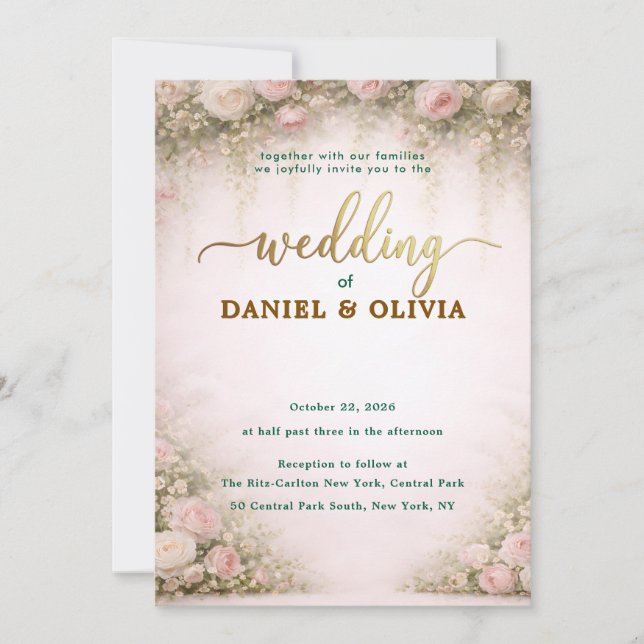 Invitación Superposición de foto con guión dorado y flores az (Anverso)