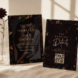 Invitación Superposición de Fotos Floral Oscura Burgundy Boda